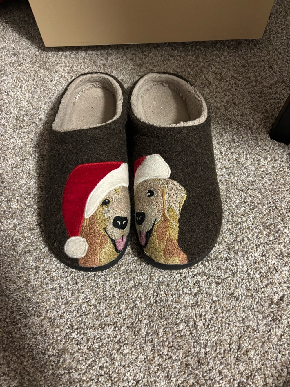 L.L. Bean Brown Plush Slippers with Festive Golden Retriever